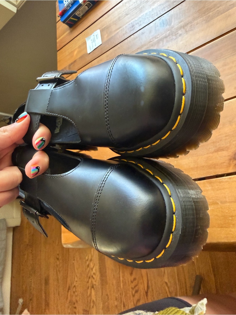 Like New Dr. Martens Black T-Strap Mary Jane Shoes with Yellow Stitching - Picture 2 of 7